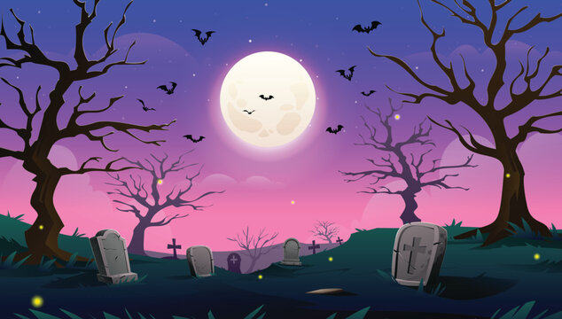Spooky graveyard landscape with ancient tombstones surrounded by bare trees under glowing full moon. Vector cartoon illustration