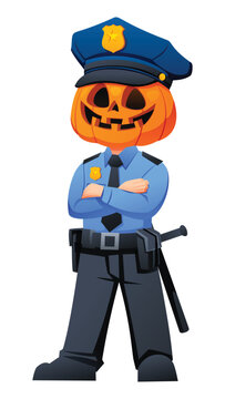 Police officer pumpkin character standing with crossed arms in confident pose. Vector cartoon illustration