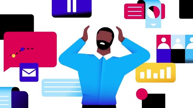 Stressed professional character feeling overwhelmed by floating digital interface icons in this flat style motion graphic animation business clip