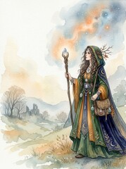Fototapeta premium Ethereal Fantasy Sorceress Watercolor Illustration with Magic Staff in Mystical Landscape
