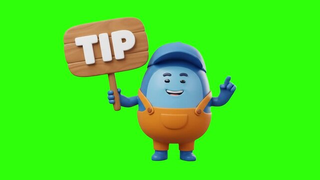 A 3D animated blue bean character wearing a cap and overalls holding a wooden Tip sign and pointing upwards on a chroma key green background. Perfect for helpful advice videos, tutorial guides, life h