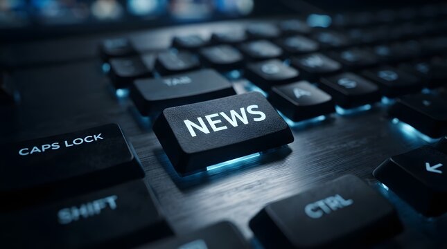 Close-up of a keyboard with a lit-up 'NEWS' button, symbolizing the digital age of information and communication