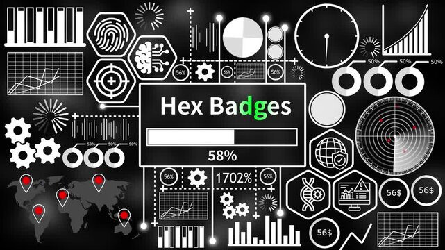 hex badges set with futuristic HUD interface elements and abstract infographic charts on dark background 4k video