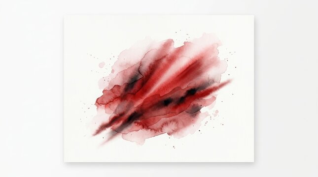 Abstract blood red and obsidian watercolor splash with eerie light beams on white background