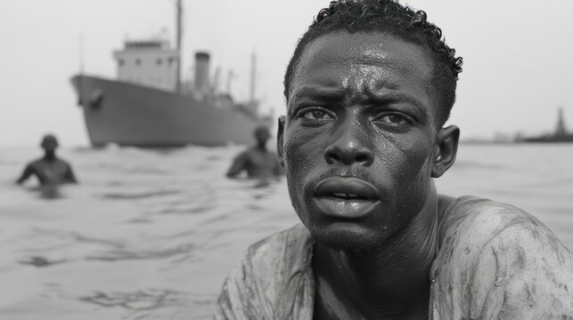 A black and white close-up portrait of a man in the water, with a large ship in the background.  He appears weary and thoughtful, with others in the water behind him