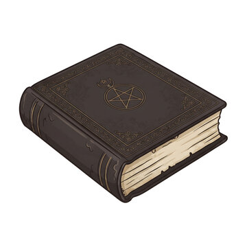 An old mystical grimoire with a pentagram symbol on the cover, representing ancient magic, occult knowledge, and witchcraft for Halloween or fantasy themes