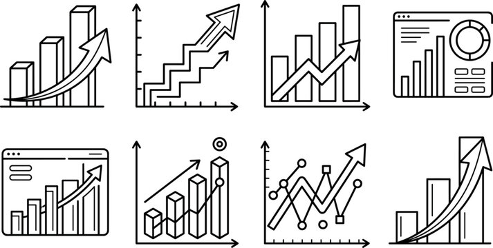 Business financial growth graph and dashboard bar chart vector line art icons set representing profit trend increase and analytics