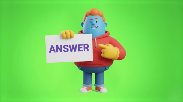 A friendly 3D animated blue character in a red hoodie holding and pointing to a white sign with the word ANSWER on a chroma key green background. Great for quiz videos, Q&A sessions, educational conte