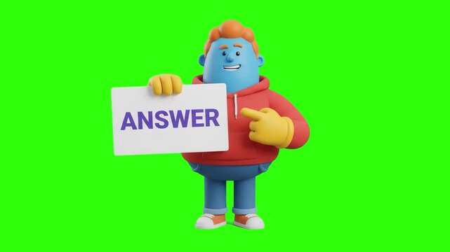 A 3D animated blue-skinned character in a red hoodie holding a board with purple Answer text and pointing at it on a chroma key green background. Great for quiz apps, educational Q&A videos, customer 