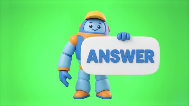 A friendly 3D animated robot character in a cap holding a white board with blue Answer text on a chroma key green background. Ideal for FAQ sections, customer support tools, AI assistant graphics, tri