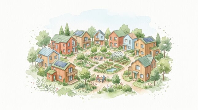 Minimal Watercolor Illustration of a Sustainable Community Housing Development with Modern Homes, Shared Garden, Solar Panels and Greenhouse for Eco-friendly Living