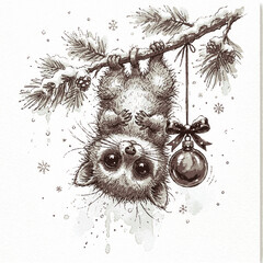 Fototapeta premium A cute fluffy creature hangs upside down from a snowy pine branch with a christmas ornament in a winter setting with hanging holiday bauble