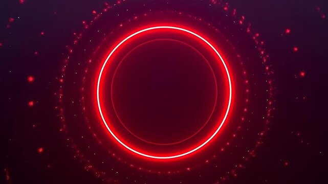 Red Neon Ring Glowing Circle in Abstract Space with Radiant Particle Orbit, Futuristic Cosmic Tunnel, Sparkling Energy, Dark Background, Vibrant Digital Motion and Dramatic Atmosphere