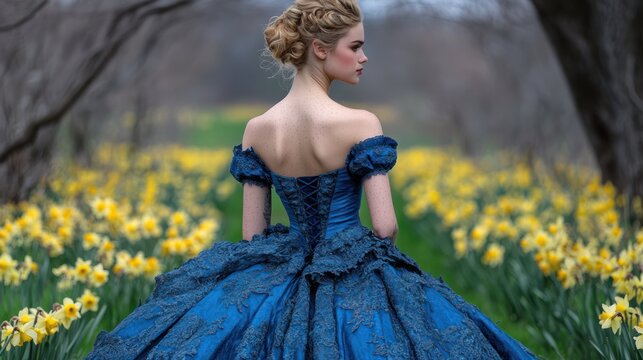 A woman in a deep blue,  lace-trimmed gown,  stands in a field of daffodils
