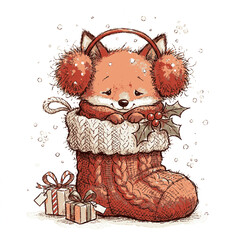 Fototapeta premium A cute cartoon fox cub wearing earmuffs sits inside a large knitted holiday stocking with gifts with stocking decorated holly