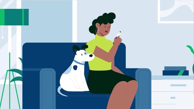 Woman sitting on blue sofa with pet dog holding medical testing device in this flat style animated motion video clip