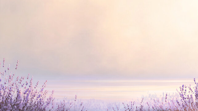 Dreamlike wellness wallpaper featuring soft lavender atmospheric mist flowing horizontally across a pale cream background, tiny lavender stems barely visible along the lower edge