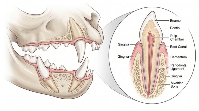 Cat tooth anatomy medical illustration showing enamel, dentin, pulp chamber, root canal, cementum, periodontal ligament, gingiva, and alveolar bone.