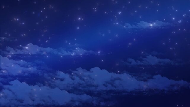 Starlit night sky shines with glowing stars and soft blue clouds in deep space.