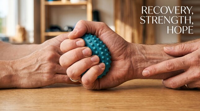 Close up of a person squeezing a teal spiky sensory therapy ball held in their hand while a second person supports their wrist on a wooden table surface