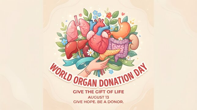 Watercolor illustration of human organs for world organ donation day awareness