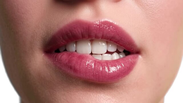 Extreme close-up shot of a woman biting her lower lip with shiny pink lipstick and clean white teeth. Perfect for beauty makeup commercials, lip gloss promos, skincare ads, sensual video concepts, den