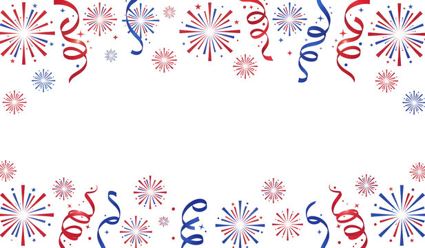 Red and blue fireworks and ribbons border for patriotic American celebration events