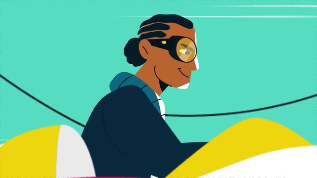 Animated character with goggles driving a vehicle forward in this stylized motion graphic clip featuring vibrant colors and fluid movement