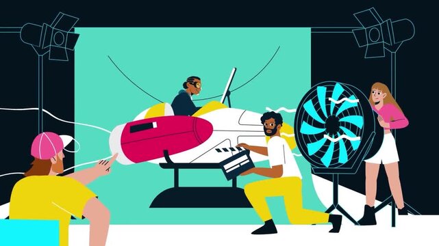 Film crew producing colorful animation sequence featuring pilot in cockpit with wind effect motion inside a busy digital studio environment