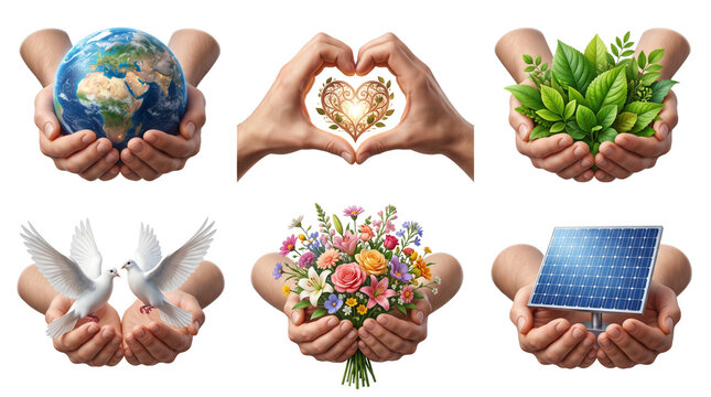 Environmental conservation concept set with 6 icons, human hands holding earth globe and green leaves, solar panel and peace doves on white background