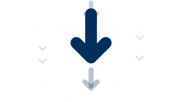 Motion graphics of a dark blue arrow pointing downwards with animated transitions and geometric elements on a clean white background