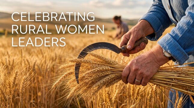 Close up of hands holding a metal sickle and a bundle of golden wheat ears in a sunlit field with a blurred figure of a woman working in the background during harvest season