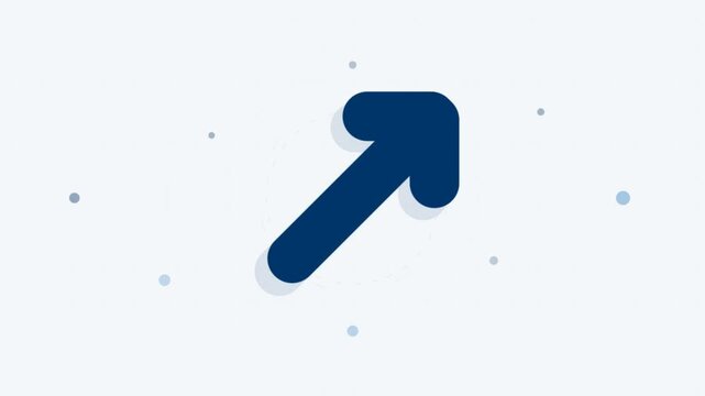 Minimalist motion graphic of a dark blue arrow pointing diagonally up on white background, representing business growth and success