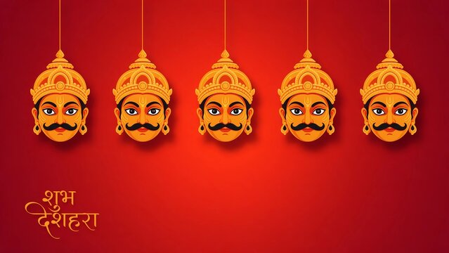 Shubh Dussehra Banner with Hanging Ravana Heads on Red Background. 