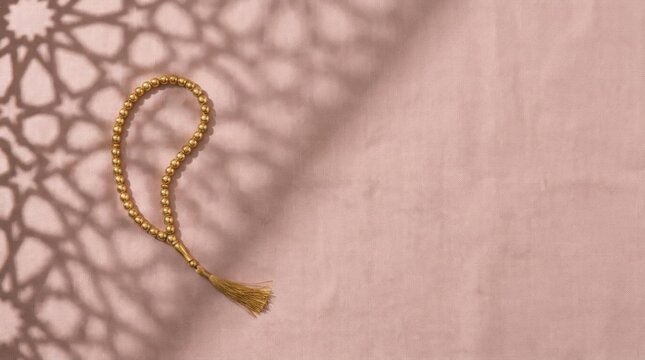 Misbaha prayer beads on pink fabric with mosque shadow.