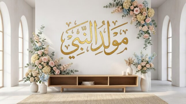 Mawlid al-Nabi calligraphy wall art with floral arrangements.