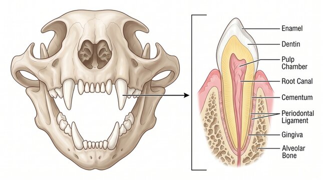Cat canine tooth anatomy medical illustration showing enamel, dentin, pulp chamber, root canal, cementum, periodontal ligament, gingiva, and alveolar bone cross section