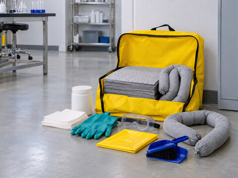 Chemical Spill Response Kit with Absorbent Pads and Safety Equipment