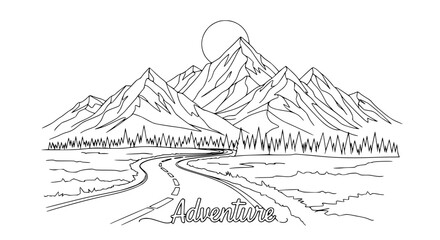 Adventure Road to Majestic Mountains and Forest Landscape Line Art © Dewa