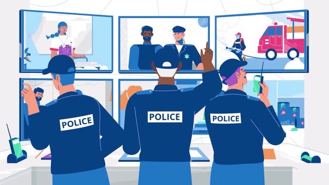 Police officers monitoring security screens in a high tech dispatch center with dynamic motion graphic animation for surveillance video footage