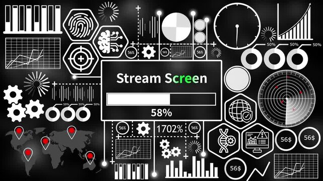 stream screen set with futuristic HUD interface elements and abstract infographic charts on dark background 4k video