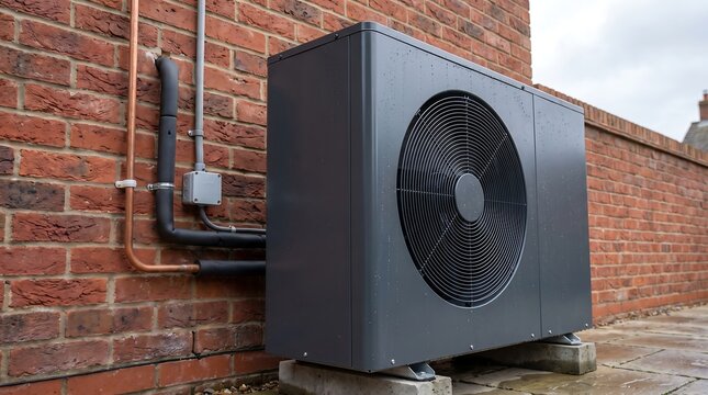 A modern air source heat pump unit installed outdoors against a red brick exterior house wall.