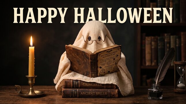 Fabric ghost wearing round glasses reading an old leather book on a wooden desk with a lit candle and stack of spell books under the text happy halloween