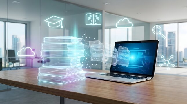 Futuristic digital education concept with holographic books and icons transferring data to a laptop in a modern office, representing e-learning and technology.