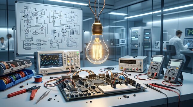 Futuristic electronics laboratory workbench featuring an illuminated lightbulb, oscilloscope, circuit boards, and multimeters for advanced engineering and technological research.