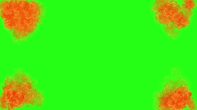 Burning fire flames from all four corners screen border on green screen