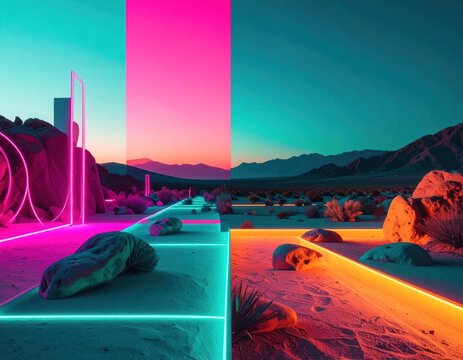 Geometric neon structures in a dark desert night.