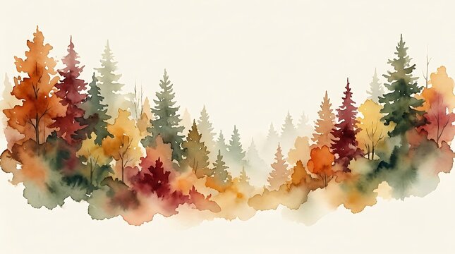 Watercolor illustration of an autumn forest with pine trees on a white background