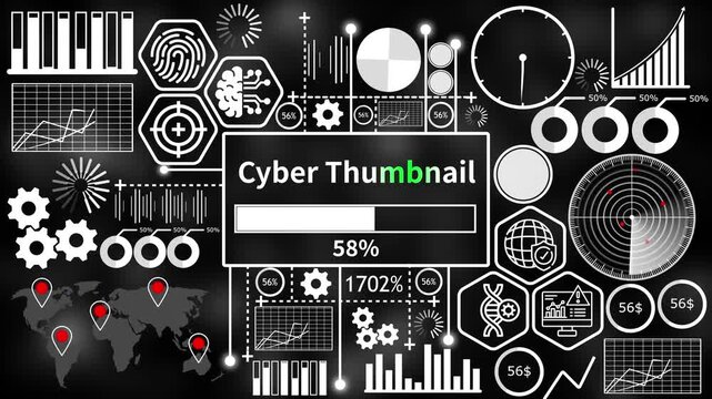 cyber thumbnail set with futuristic HUD interface elements and abstract infographic charts on dark background 4k video