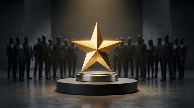 Minimalist 3D concept of a glowing golden star trophy on a pedestal with a crowd of silhouettes in a dark cinematic room, symbolizing achievement, excellence, and success.
